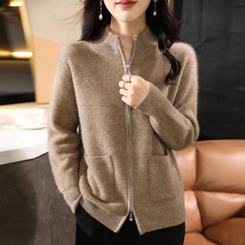 Merino Wool Half-High Collar Cardigan for Women