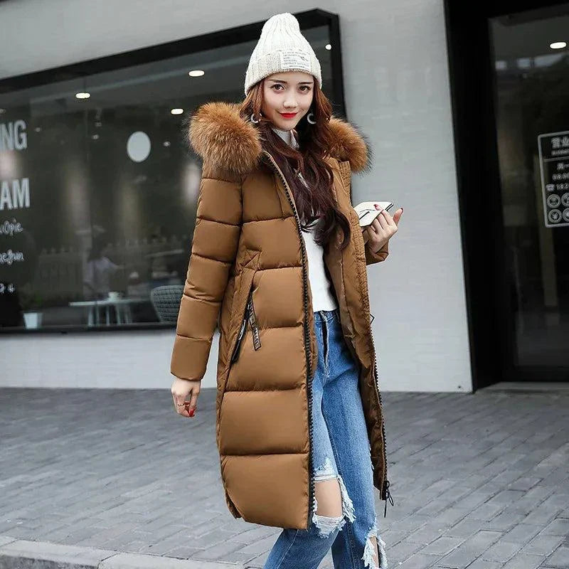 Winter fashion fur collar hoodie parka for women, casual zipper style, brown bubble puffer coat.