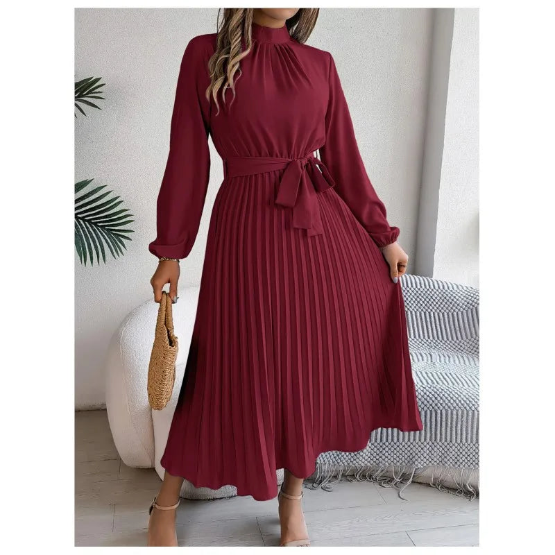 Elegant Stand-Up Collar Pleated Long Dress