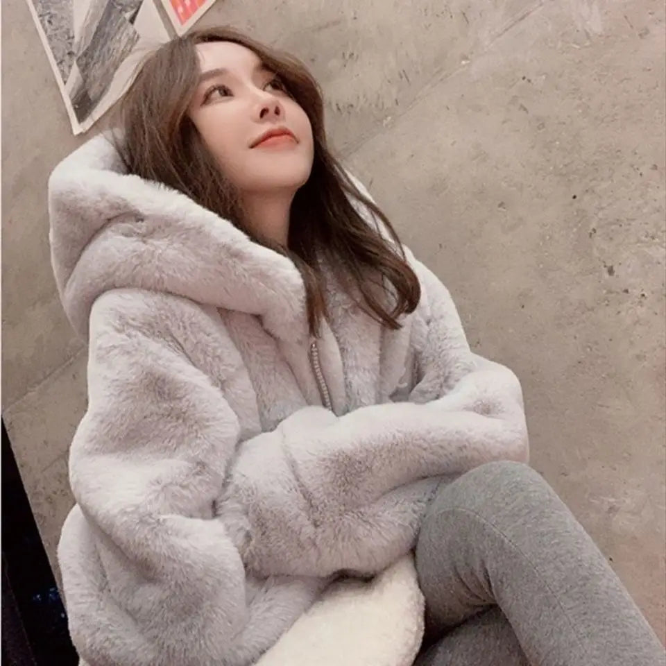 Women's Plush Faux Rabbit Fur Hooded Coat