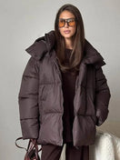 Switch Vintage brown hooded cotton padded coat for women, offering warmth and style with long sleeves and a tailored fit. 2 image