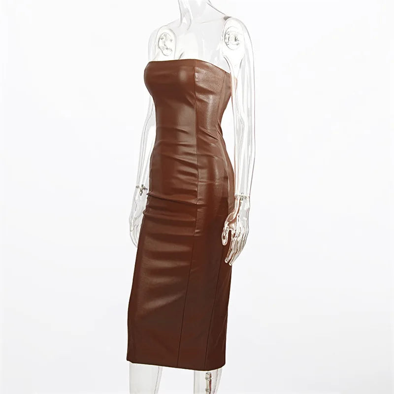 Slim Fit PU Leather Mid-Length Dress