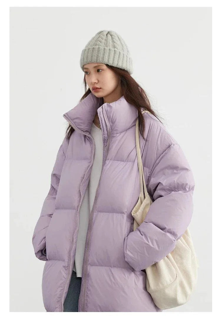 Women's long down coat, thick and warm, purple, casual loose fit, autumn winter 2023 jacket.