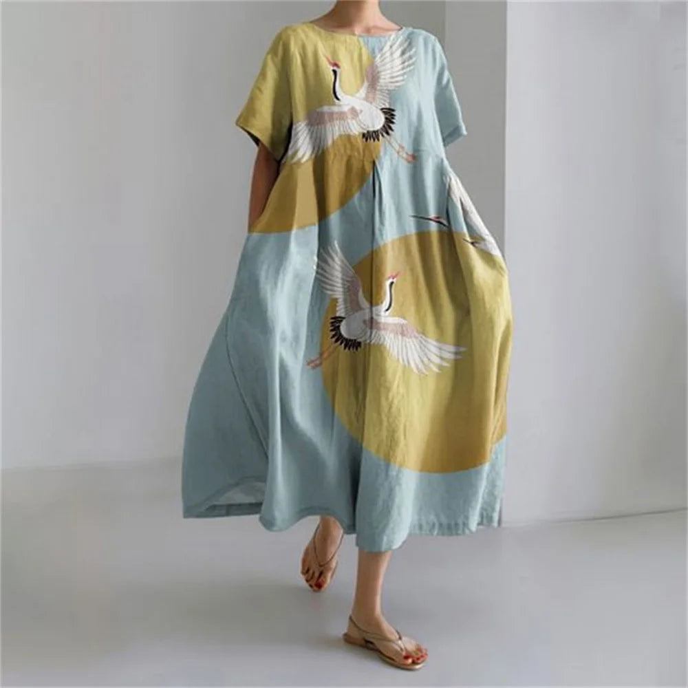 Vintage Fish Print Casual Dress