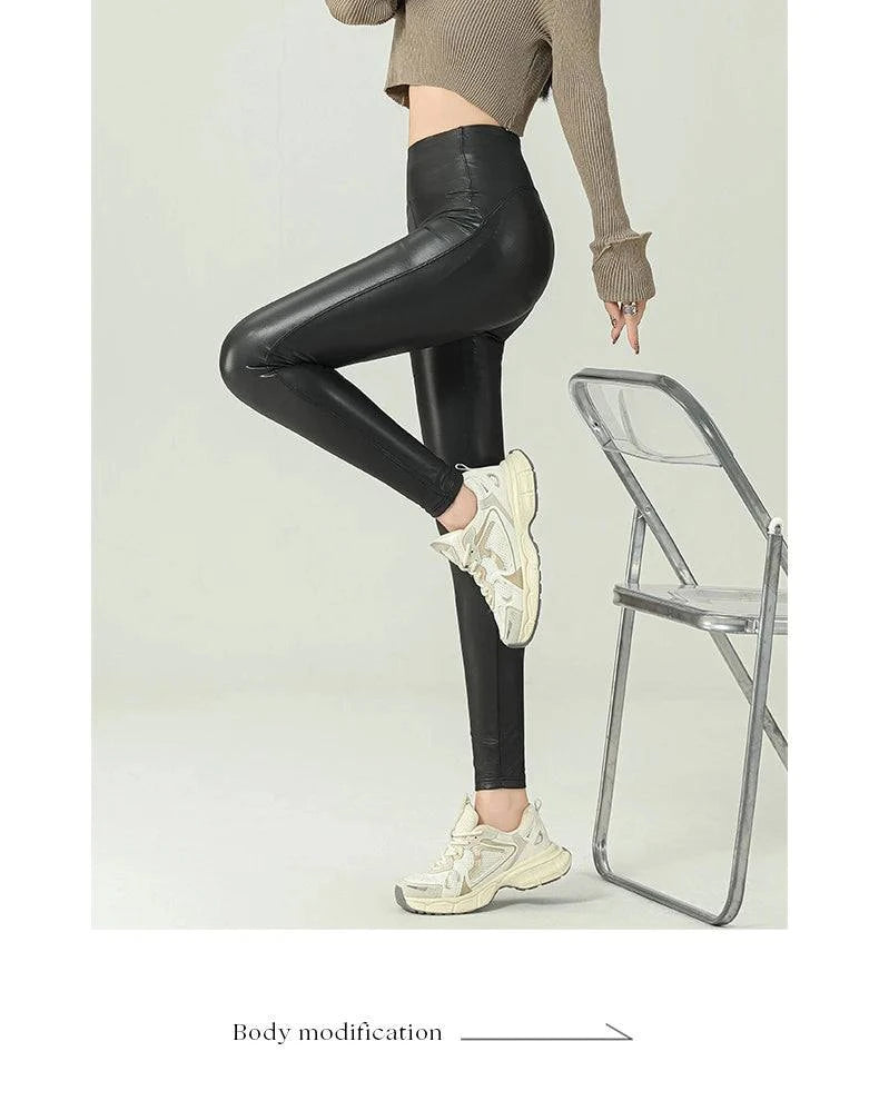 Fall Winter High-Grade Fleece PU Leather Leggings