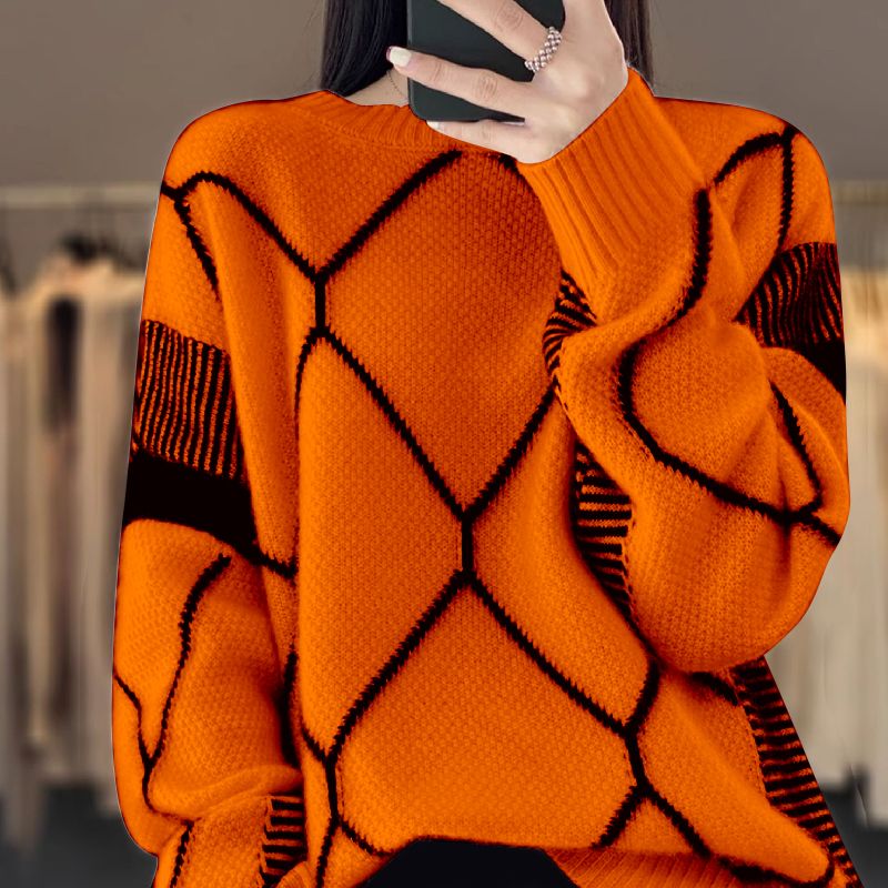 Autumn Winter Contrast Color Plaid Long Sleeve Sweater for Women