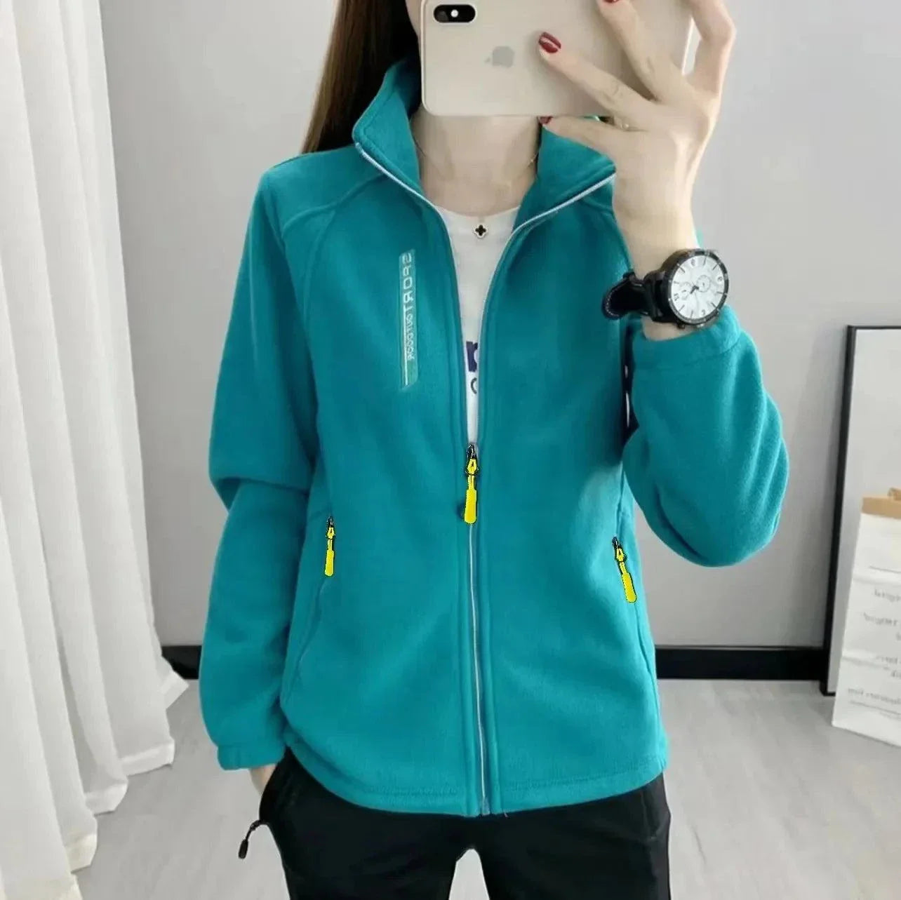 Plus size women's fleece coat, warm, stylish, turquoise, outdoor sportswear.