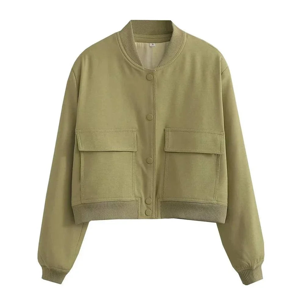 Women's vintage-inspired bomber jacket with long sleeves, front button closure, and functional side pockets.