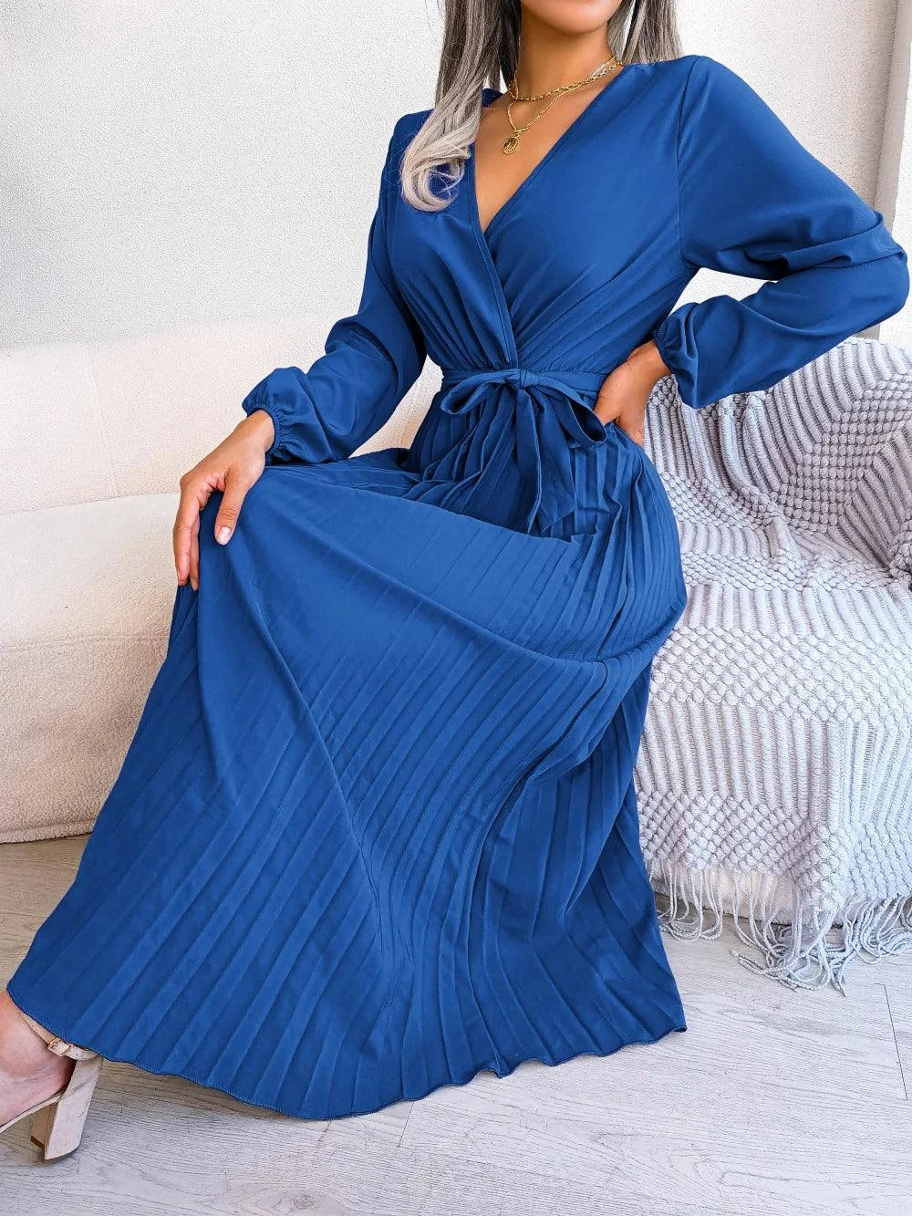 Women Elegant V Neck Long Sleeve Pleated Maxi Dress