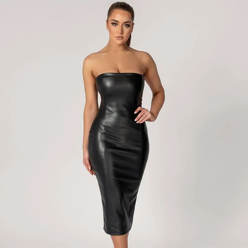 Slim Fit PU Leather Mid-Length Dress