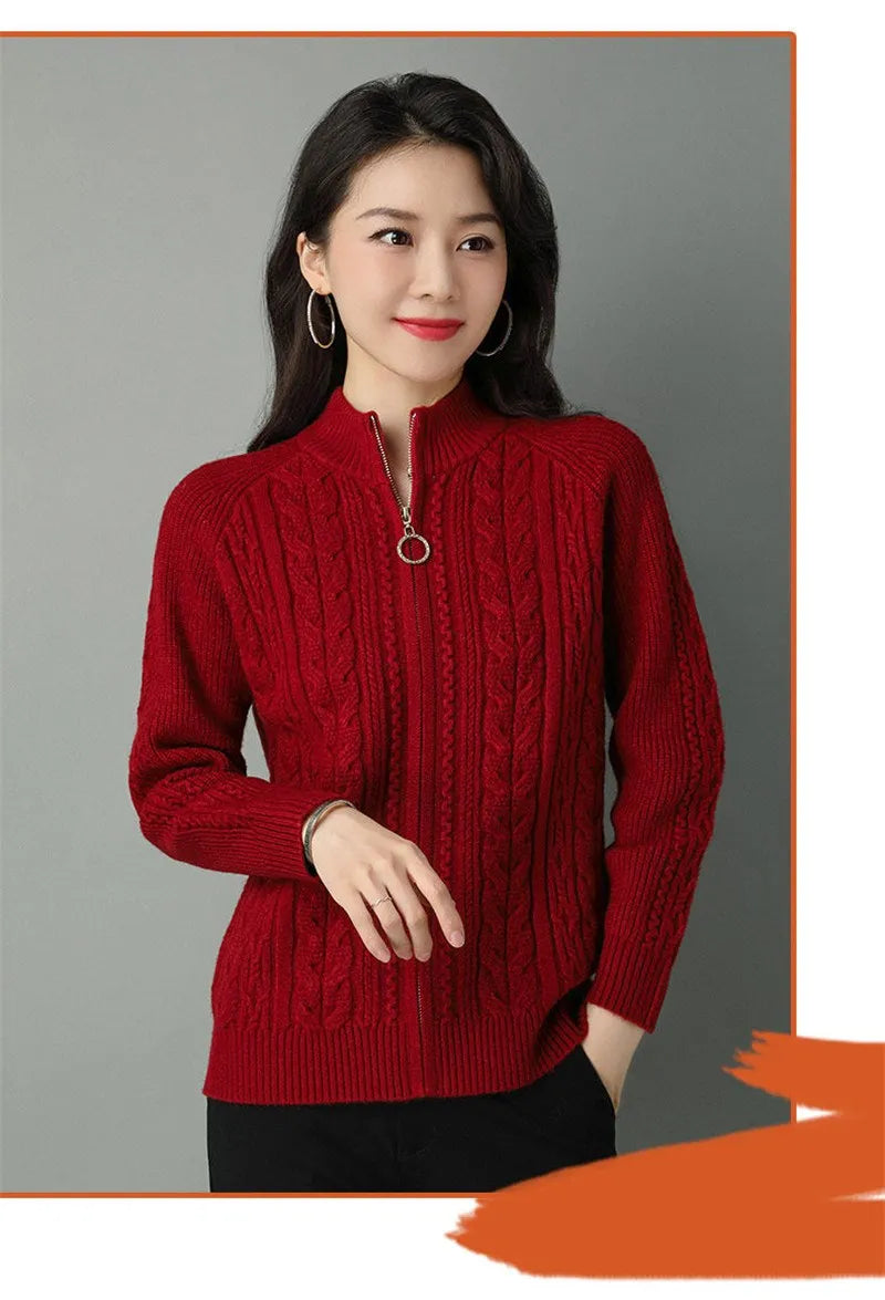 Half High Collar Zipper Knitted Cardigan Jacket for Women