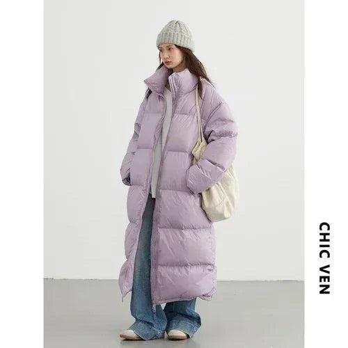 Women's long down coat, thick and warm for autumn/winter, loose casual jacket, 2023 style.