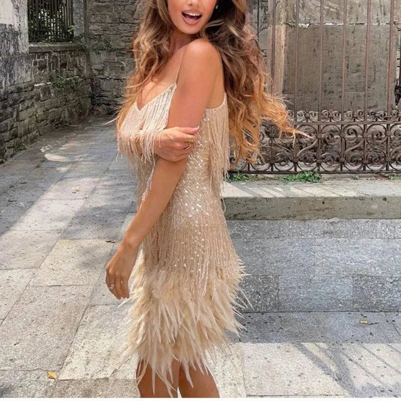 Sexy Tassel Sequins Feather Mini Dress