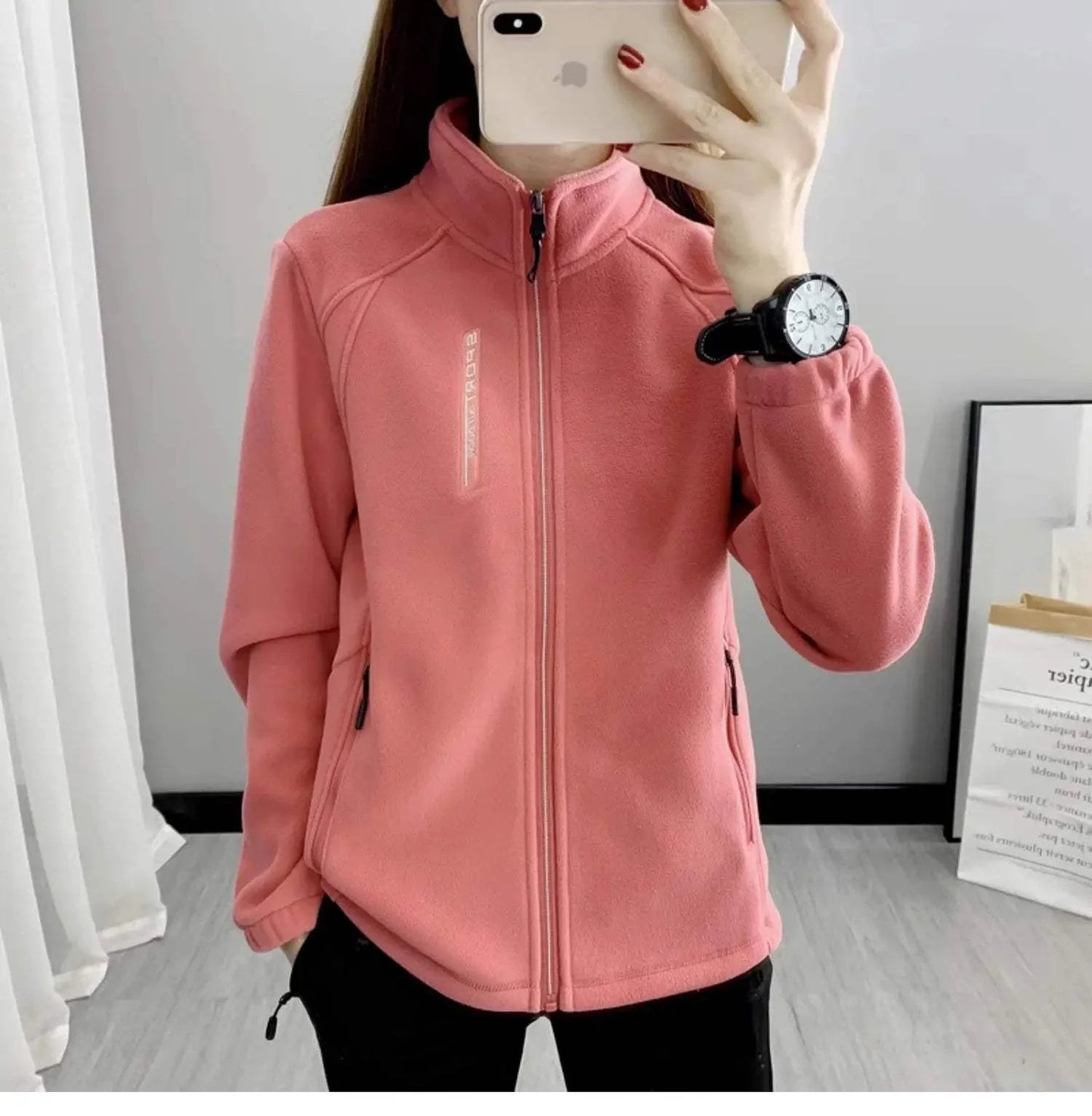 Plus size pink fleece coat for women, perfect for winter and spring outdoor activities.