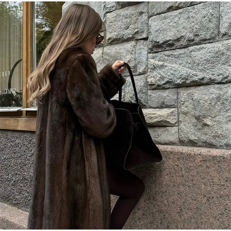 Dark Brown Faux Fur Long Overcoat for Women