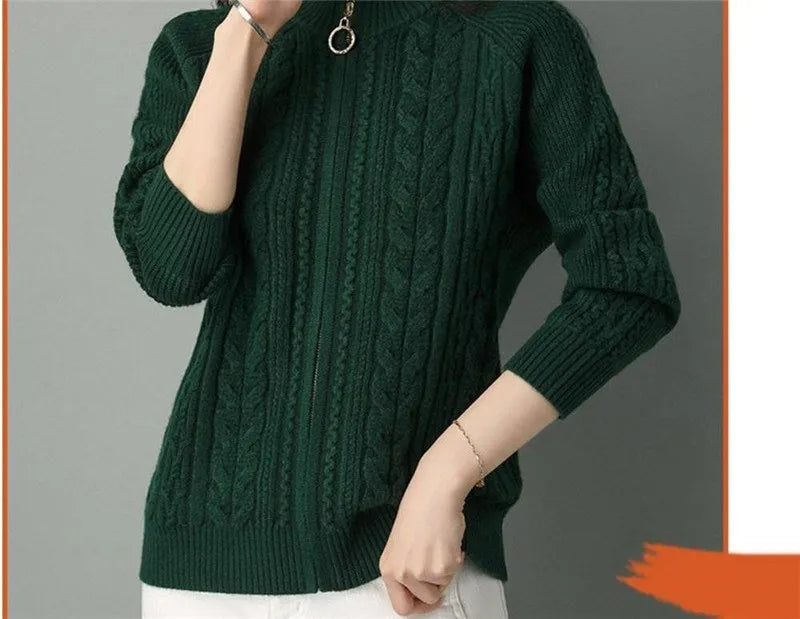 Half High Collar Zipper Knitted Cardigan Jacket for Women