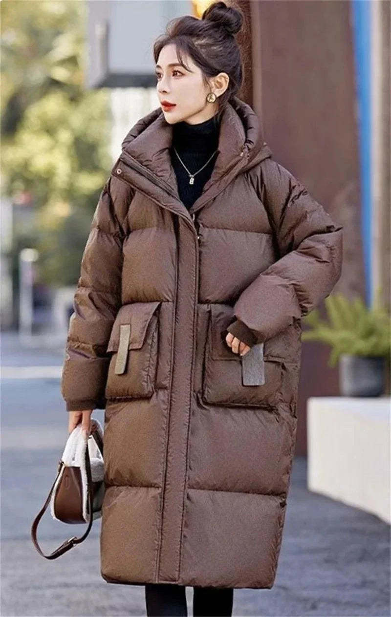 Korean long puffer jacket, winter parka, brown, cotton-filled, 2024 fashion.