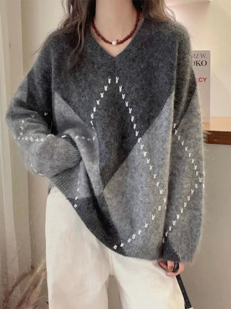 Jmprs Argyle Vintage Sweaters for Women - Cozy Korean Design