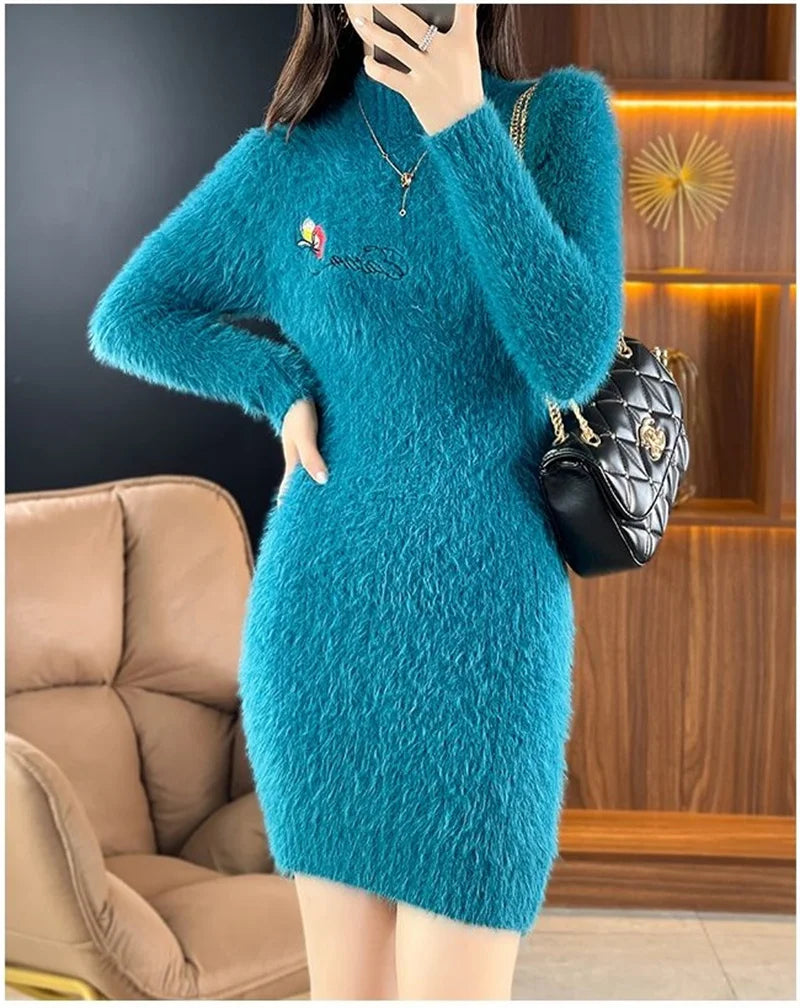 Autumn Winter Imitation Mink Fleece Sweater Dress