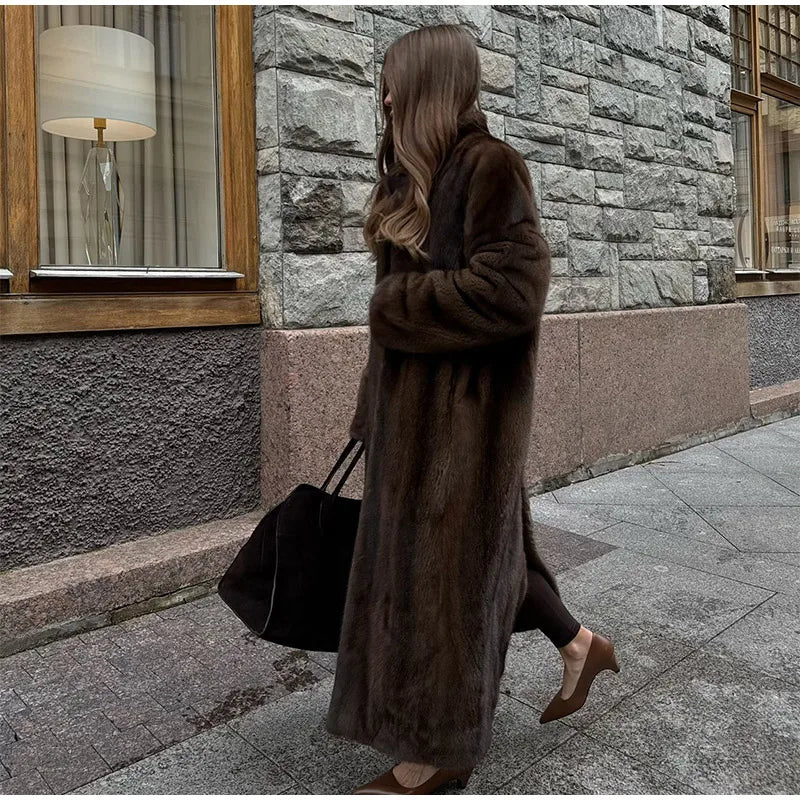 Dark Brown Faux Fur Long Overcoat for Women