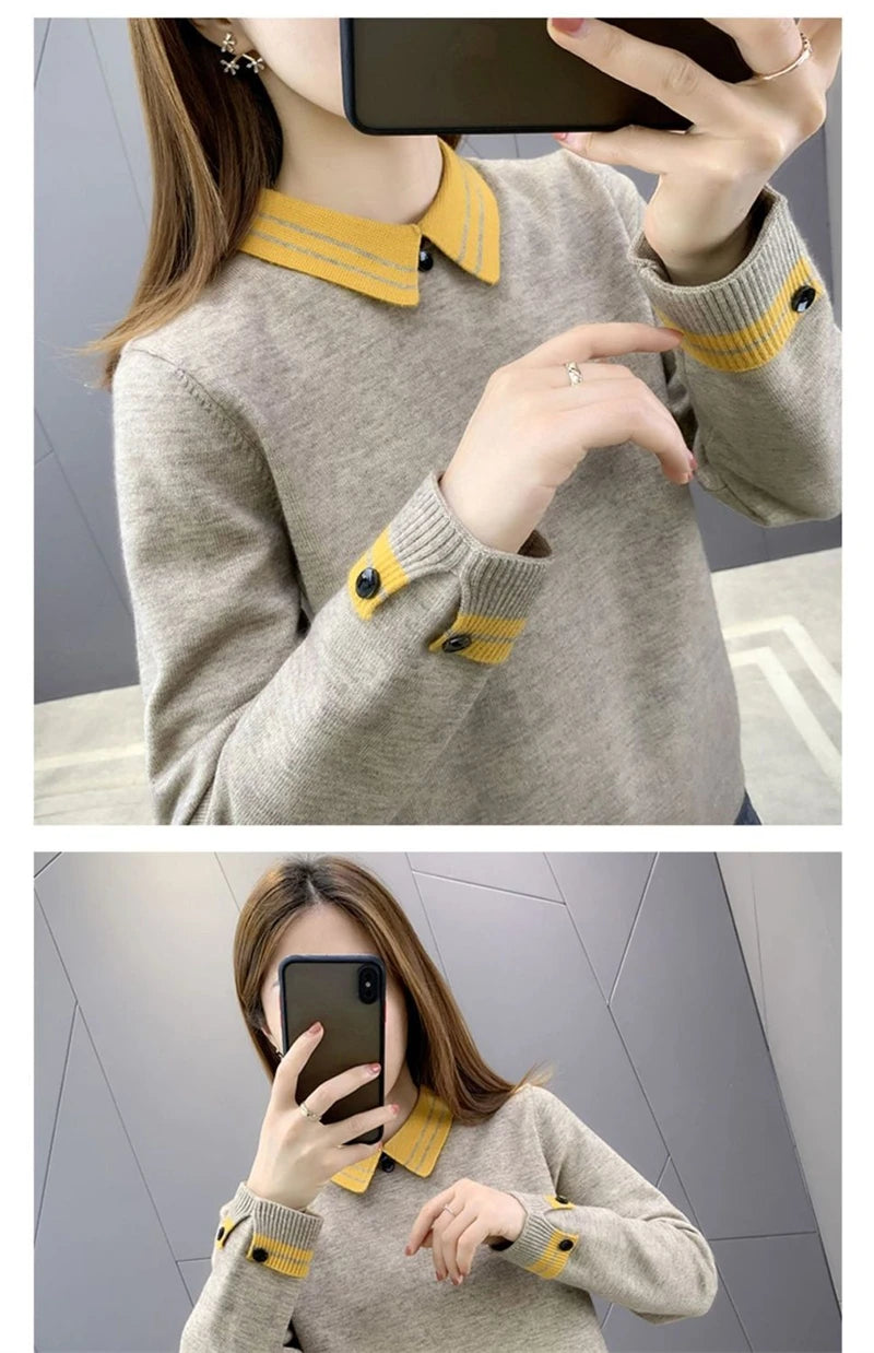 New Autumn Winter Contrast Color Doll Collar Sweater for Women