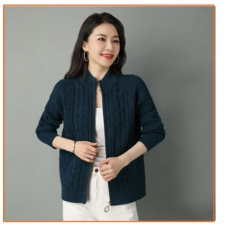 Half High Collar Zipper Knitted Cardigan Jacket for Women