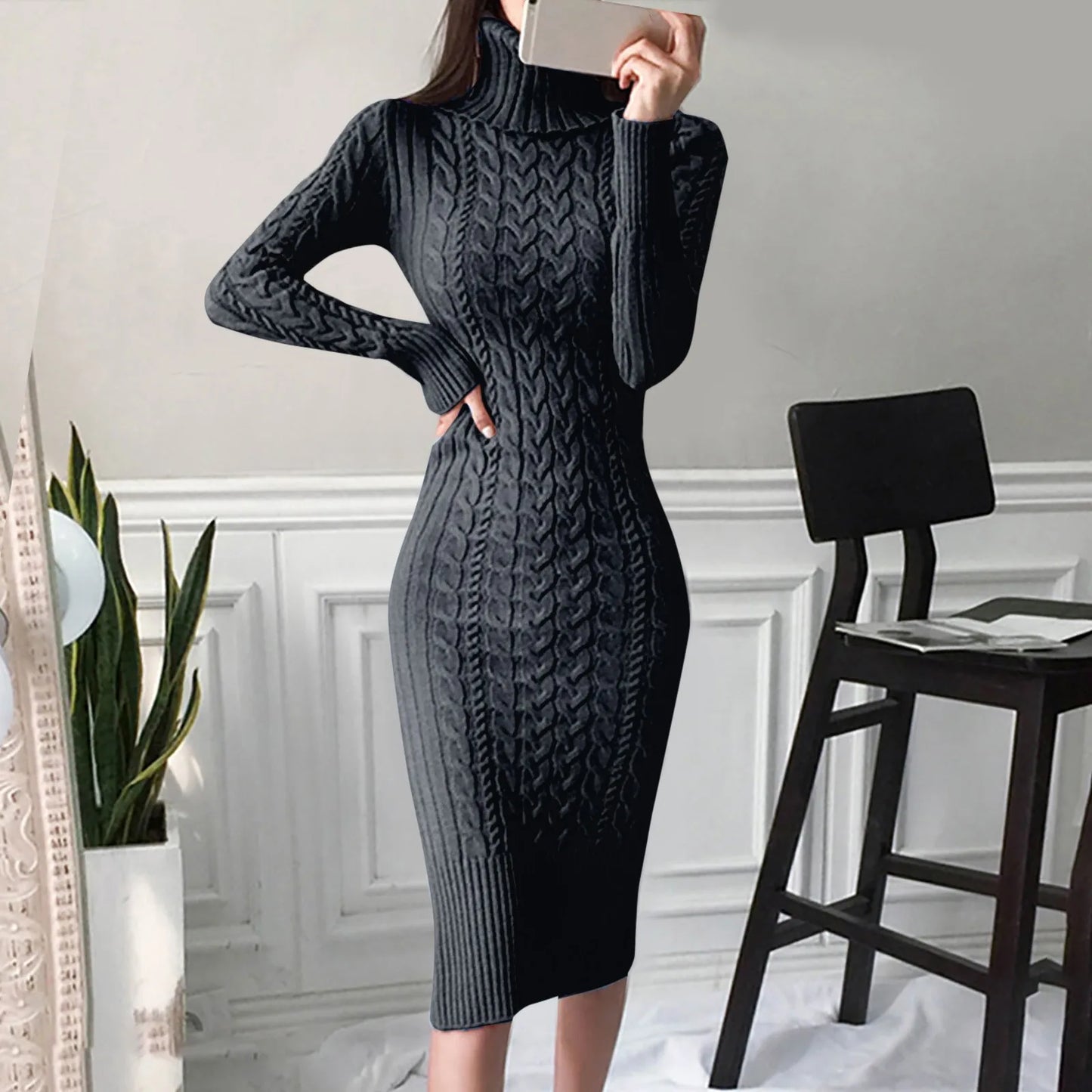 Women's Turtleneck Knitted Long Dress