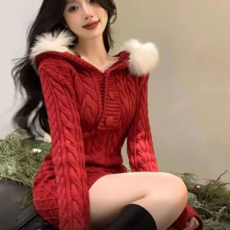 Elegant Christmas Red Hooded Sweater Dress