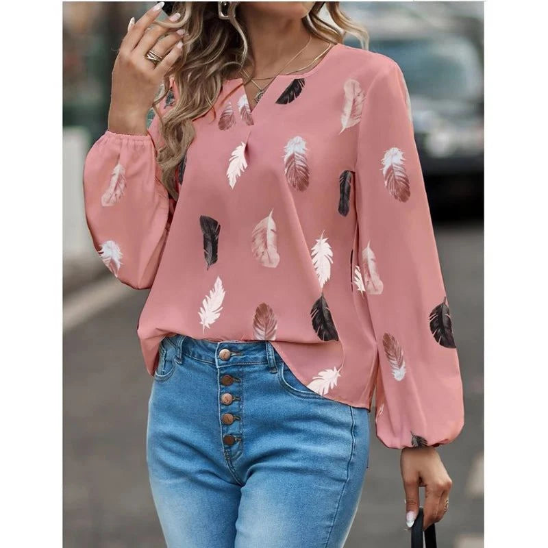 Elegant Feather Pattern Chiffon Blouse for Women