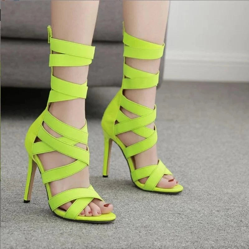 Fluorescent Green Stiletto Sandals with Elastic Strap