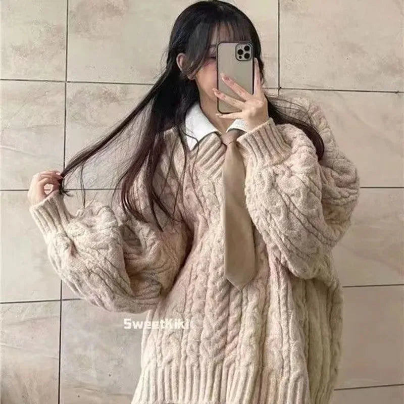 Autumn Winter Oversized V-Neck Knitted Sweater