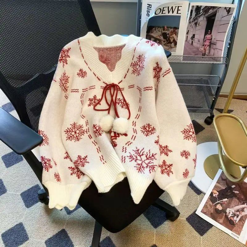 Christmas Snowflake Sweater Women Jumper Bow V Neck