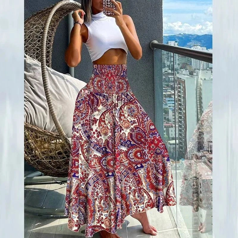 Boho Print Elastic High-Waist Skirt