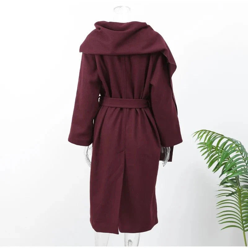 Fashion Ancora Red Scarf Collar Cape Coat - elegant oversized woolen outerwear with unique scarf collar.