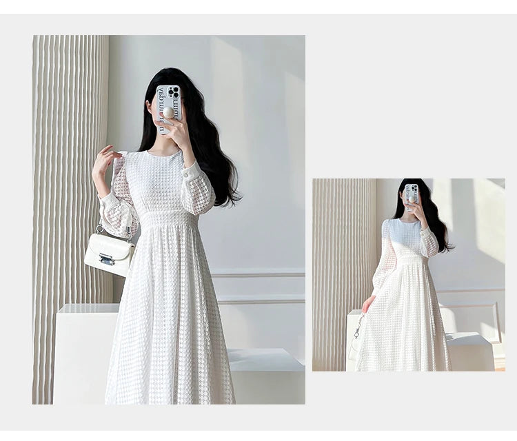 Elegant Lace Long Sleeve White Midi Dress