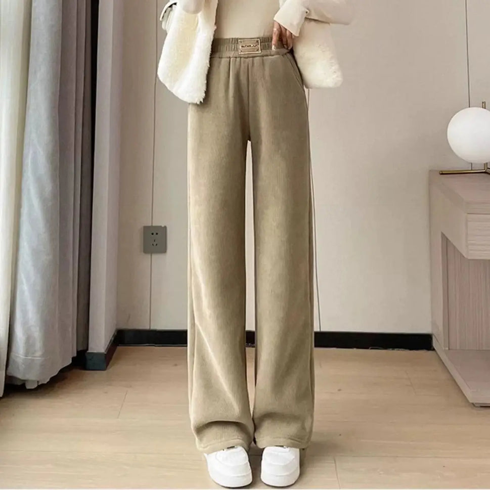 Winter Warm Lambswool High Waist Wide Leg Pants for Women