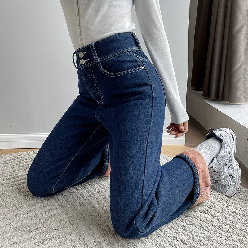 Vintage high waist fleece wide-leg jeans for women