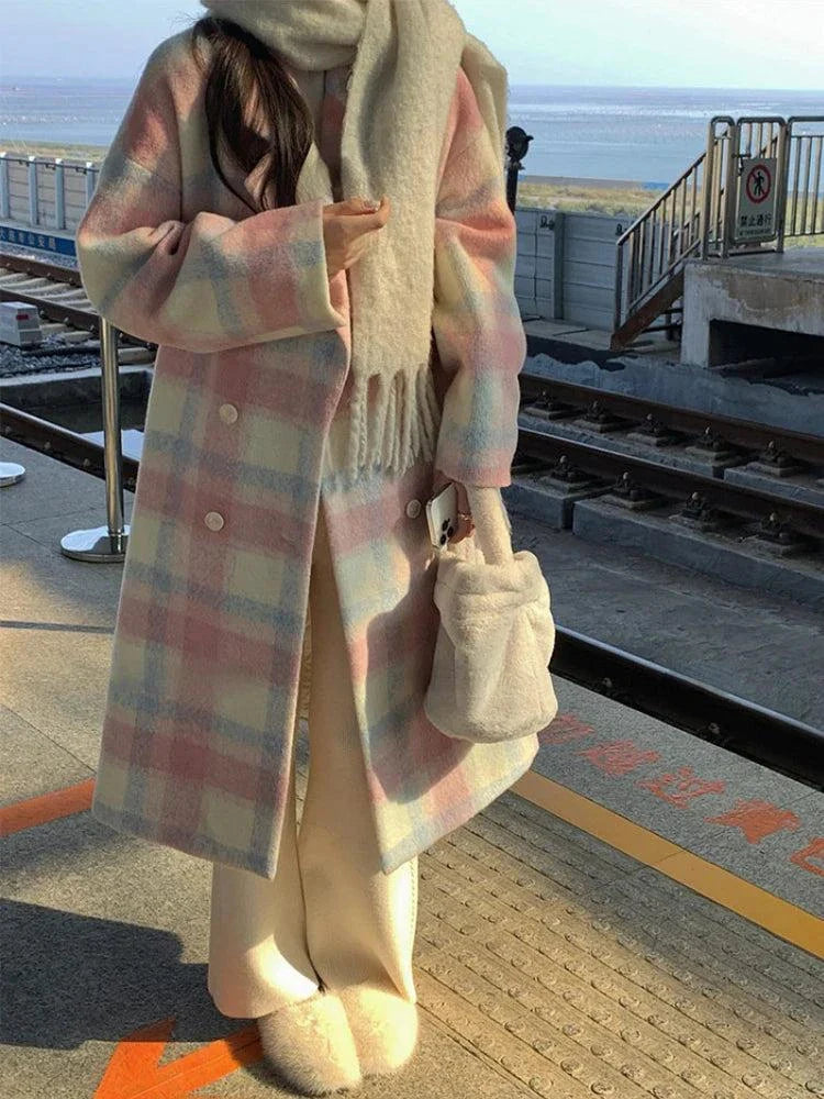 Winter Rainbow Woollen Coat with Y2K Plaid Trench Design for Women.