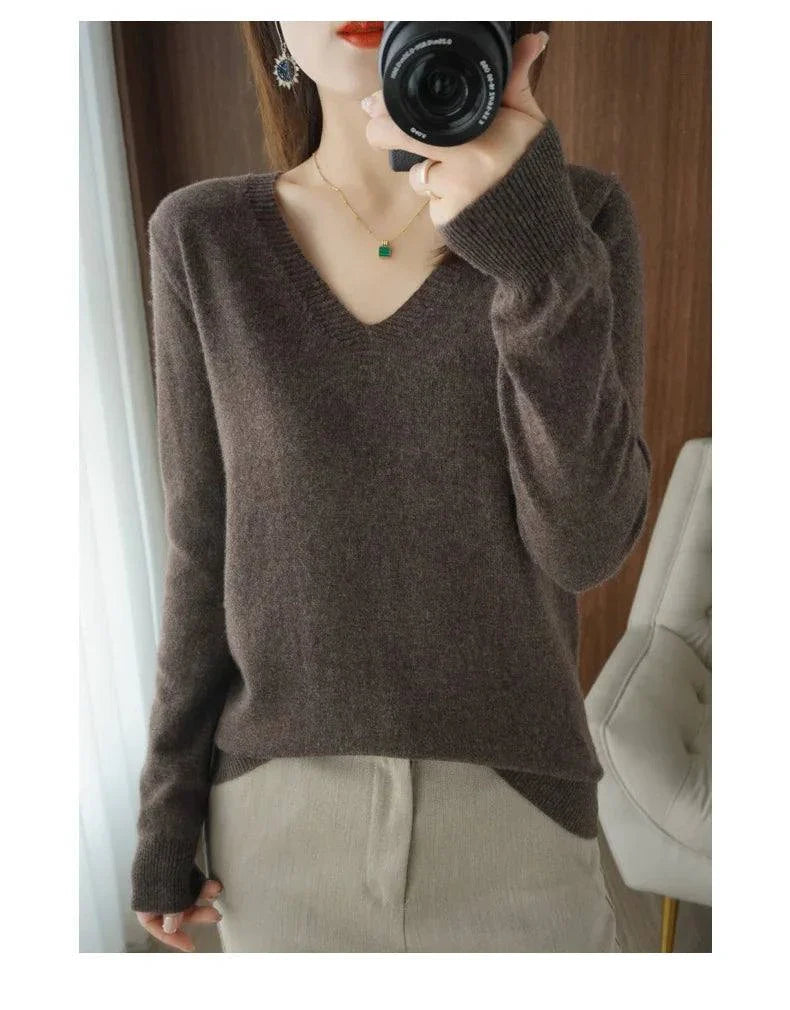 Cashmere women's V-neck pullover sweater, brown, long sleeve, casual design.