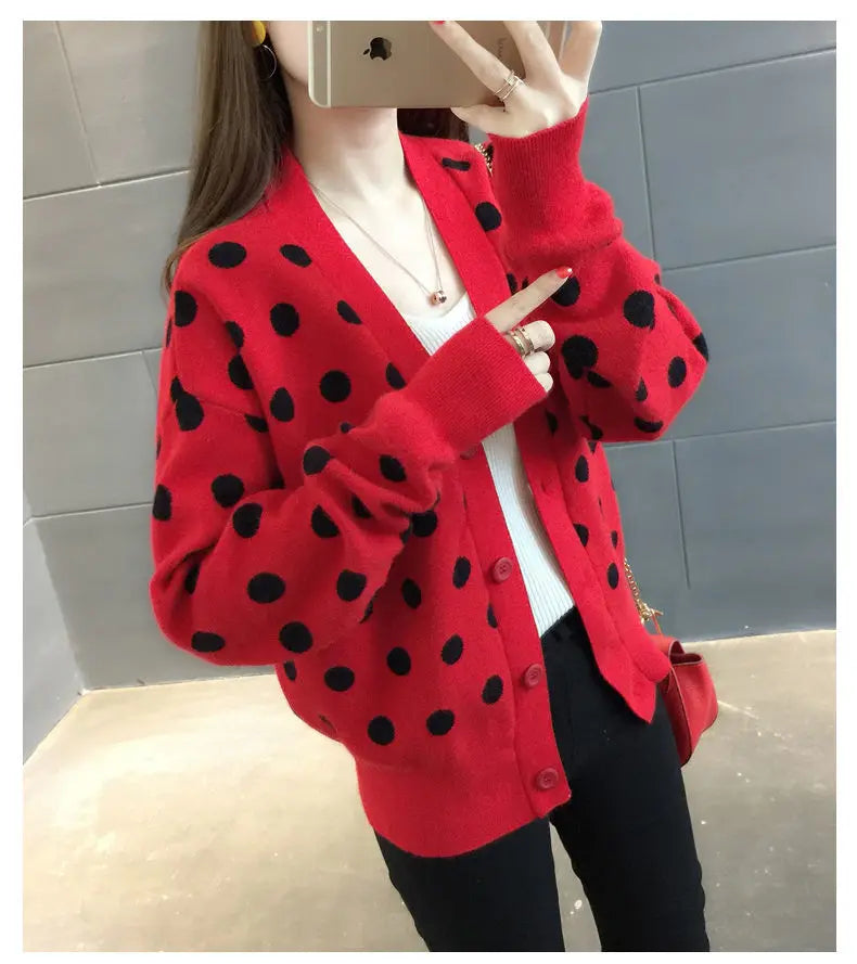 Women’s Autumn Winter Polka Dot V-neck Knitting Cardigan | Alfadarling