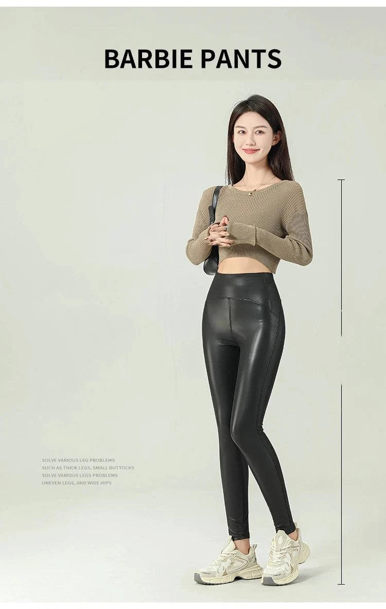 Fall Winter High-Grade Fleece PU Leather Leggings