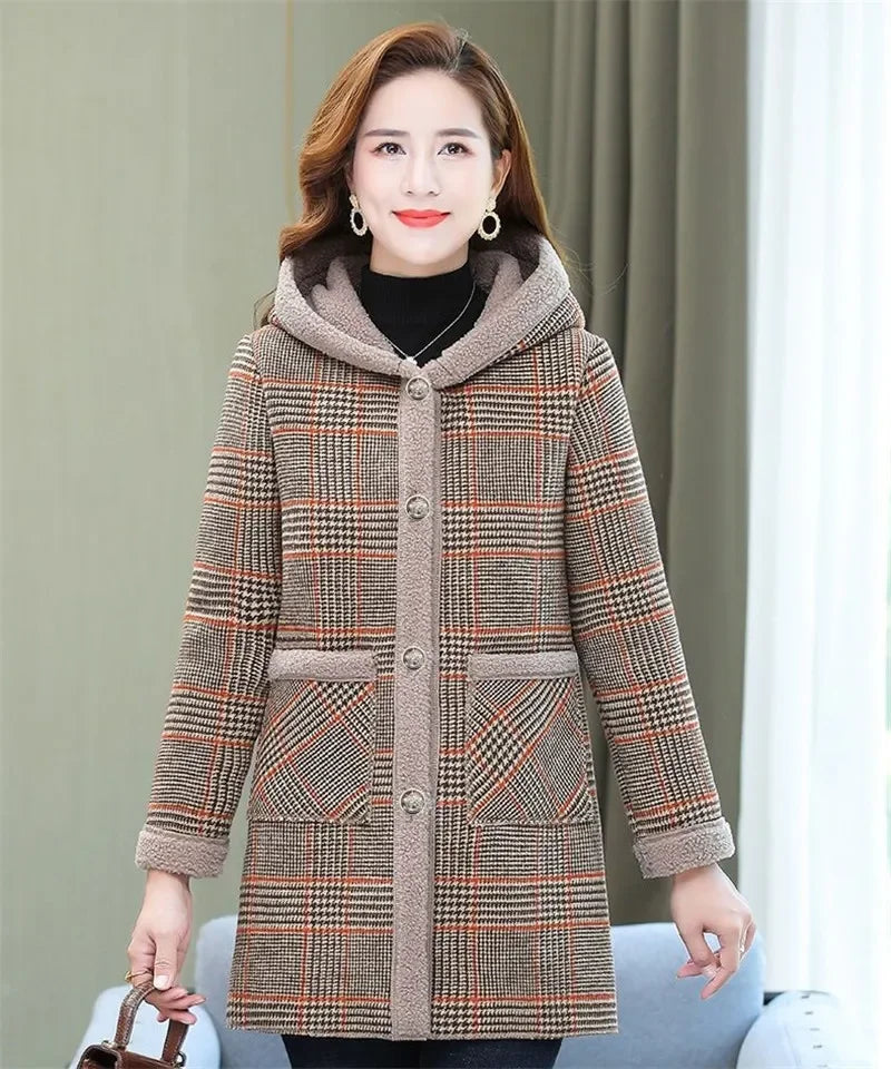 Add Velvet Plaid Coat for Women