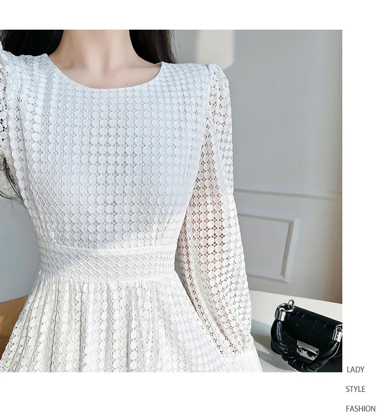 Elegant Lace Long Sleeve White Midi Dress