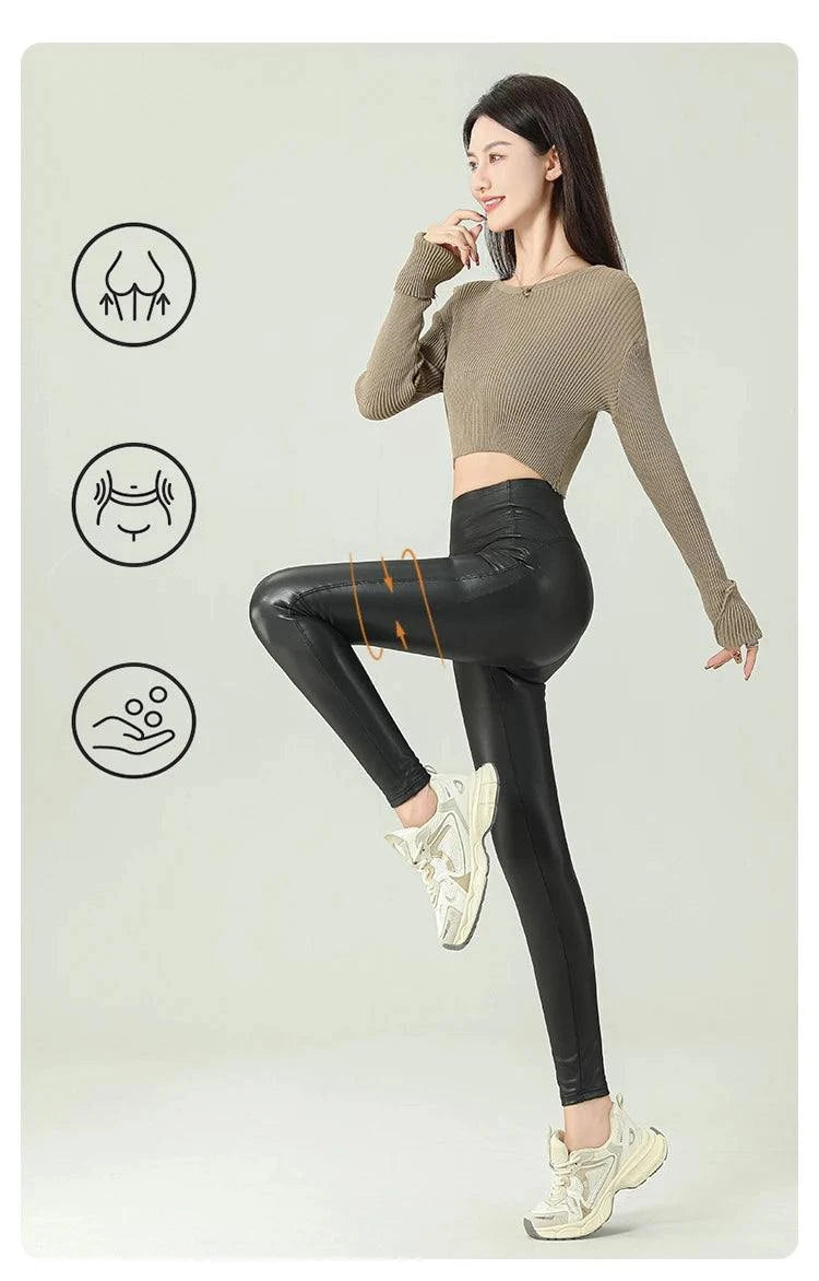 Fall Winter High-Grade Fleece PU Leather Leggings