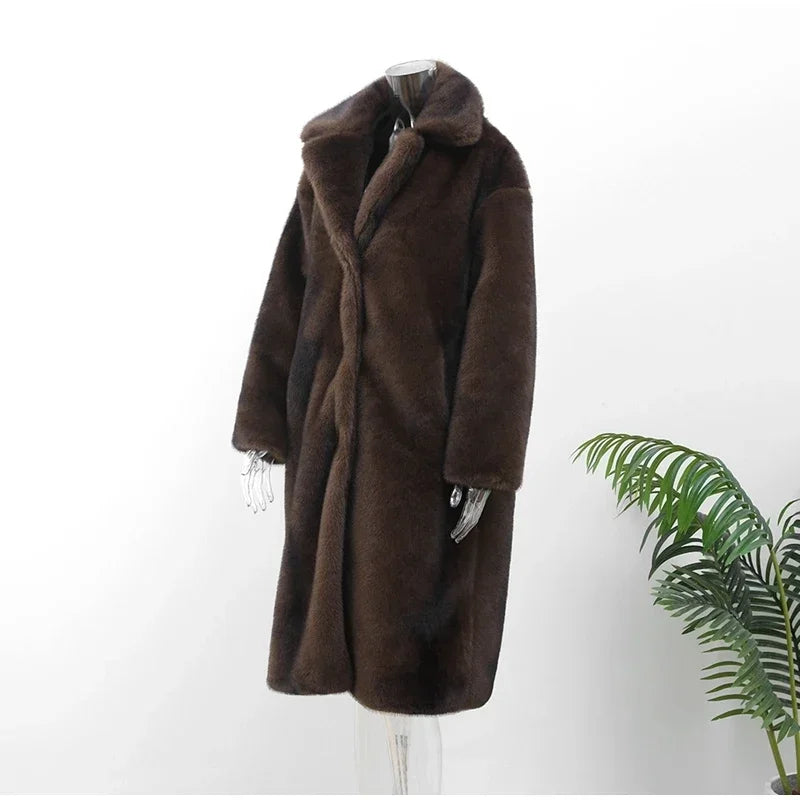 Dark Brown Faux Fur Long Overcoat for Women