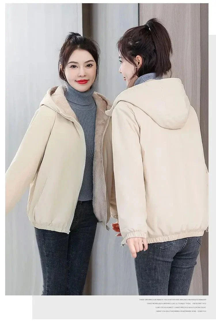 Women's hooded fleece coat, winter warm plush jacket, casual windproof design.