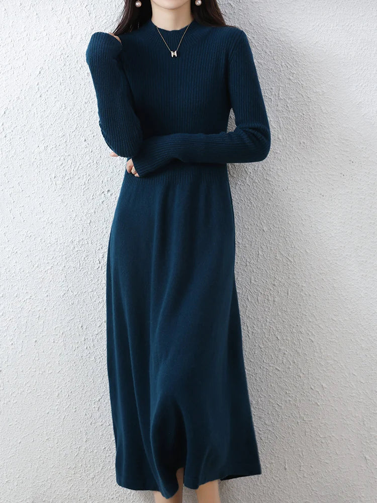 Autumn Winter Women's Wool Mock Neck Dress