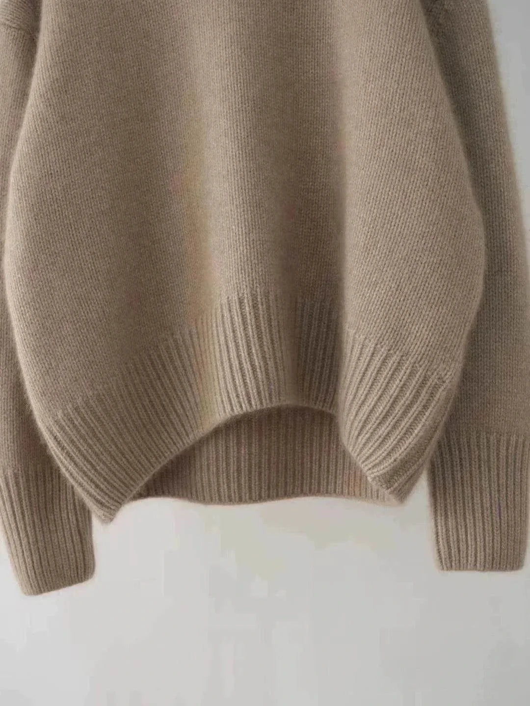 100% pure cashmere women's loose turtleneck sweater, winter wool jumper, beige color, cozy base layer.