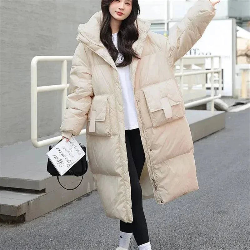 2024 Korean Long Puffer Jacket – Winter Parka, premium cotton-filled for warmth, modern Korean design, full coverage, stylish and versatile.