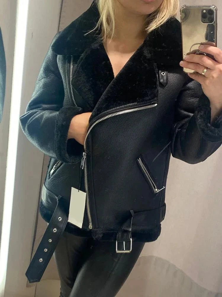 Ailegogo Winter Faux Leather Fur Jacket